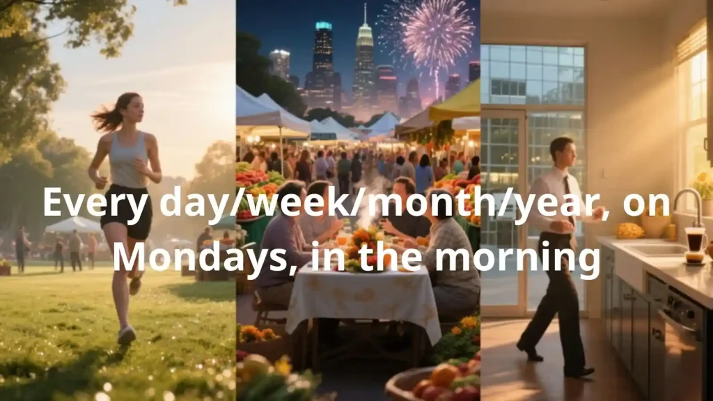 Every day/week/month/year, on Mondays, in the morning