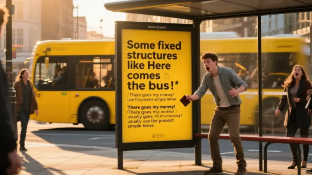 Một số cấu trúc cố định như Here comes the bus! / There goes my money! thường dùng thì hiện tại đơn