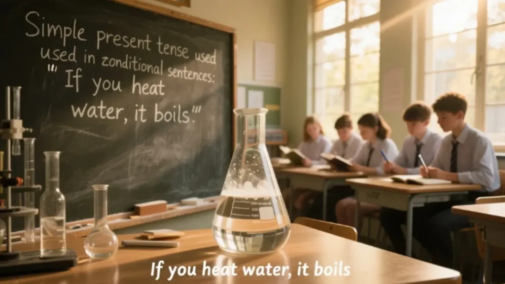 Thì hiện tại đơn dùng trong câu điều kiện loại 0: If you heat water, it boils