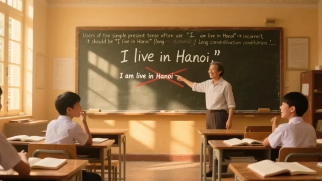 Người dùng thì hiện tại đơn hay dùng “I am live in Hanoi” → sai, phải là “I live in Hanoi” (tình trạng lâu dài)