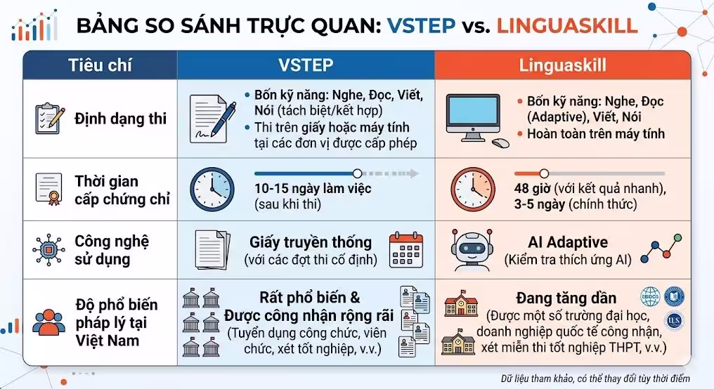 Bảng so sánh ưu nhược điểm nên thi VSTEP hay Linguaskill để xét chuẩn đầu ra