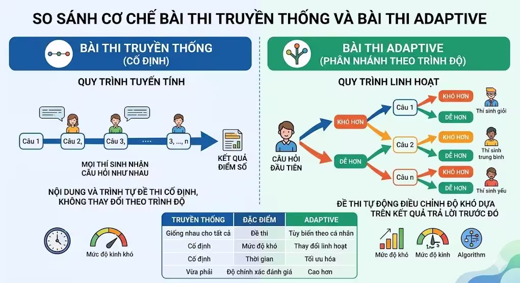 So sánh cơ chế thi Linguaskill thích ứng và thi truyền thống