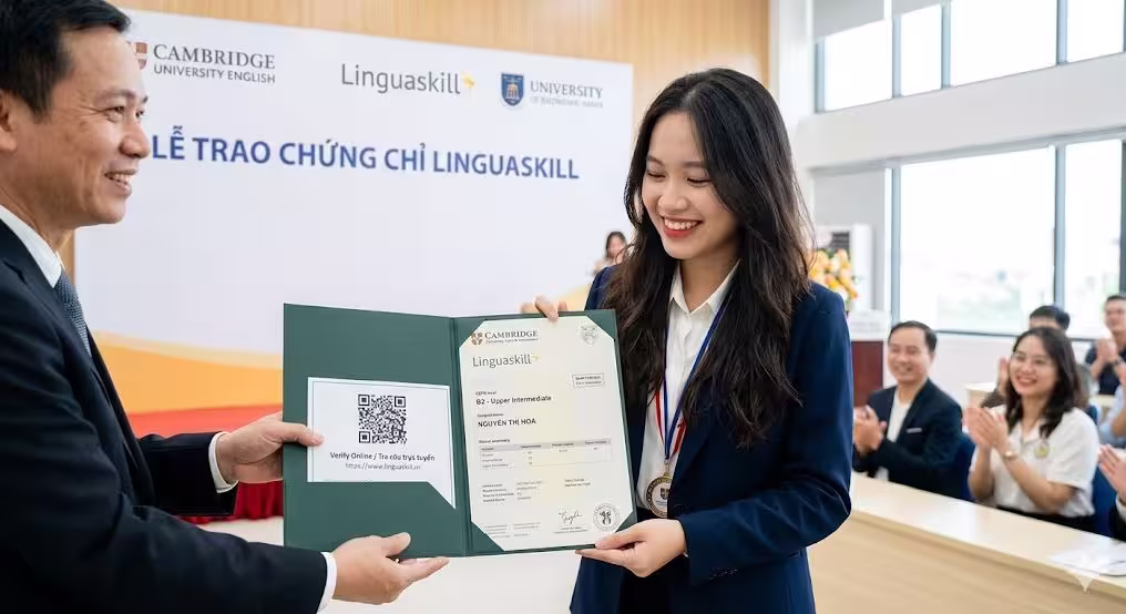 Học viên đang rạng rỡ nhận chứng chỉ Linguaskill Cambridge có mã QR tra cứu trực tuyến